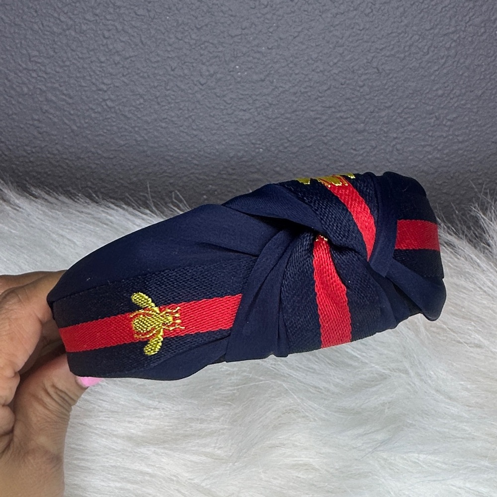 Navy Blue and Red Knotted Headband with Bee Embroidery